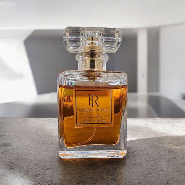 Lucent bottle resting in a soft glow with rose petals and rich oud accents, evoking warmth and sensuality